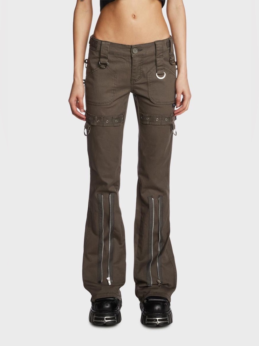 NWT Tripp NYC Super Eyelet Low Waist Flare Pants D Ring Zippers Olive Green 24/0